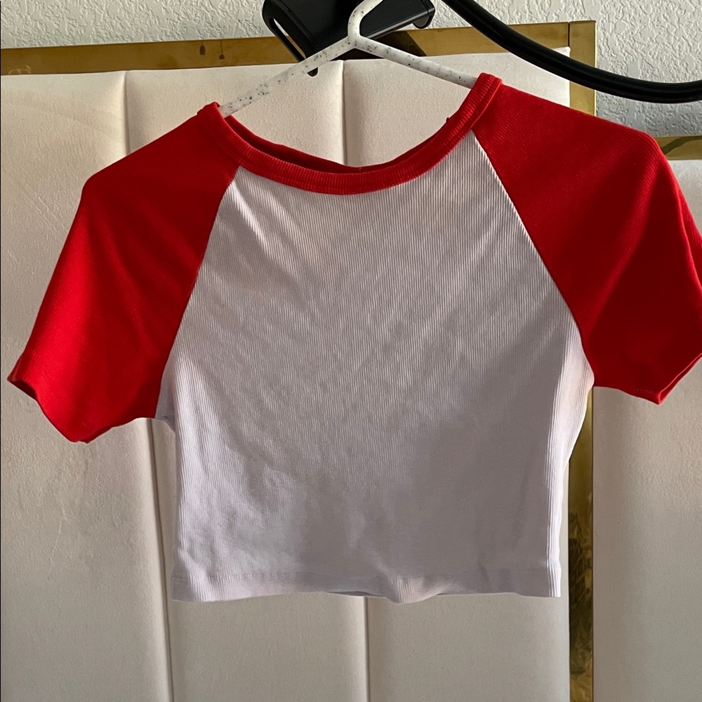 Red and White Crop Top Raglan Tee